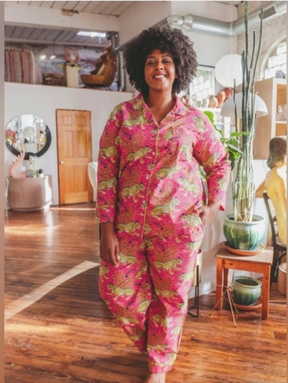 PRINTFRESH BAGHEERA LEOPARD PRINT LONG SLEEVE PAJAMA SET PINK 3X 4X 100% COTTON